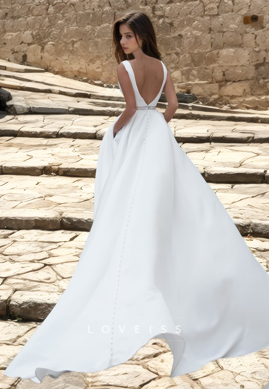 V-Neck Sleeveless Sleek Pleated Satin A-Line Wedding Dress