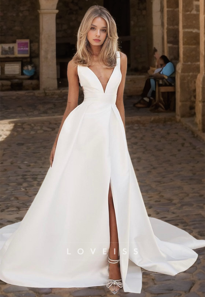 V-Neck Sleeveless Sleek Pleated Satin A-Line Wedding Dress