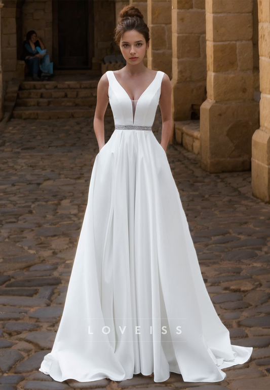 V-Neck Sleeveless Sleek Pleated Satin A-Line Wedding Dress