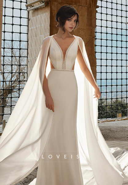 V-Neck Sleeveless Sleek Satin Backless Mermaid Simple Wedding Dress