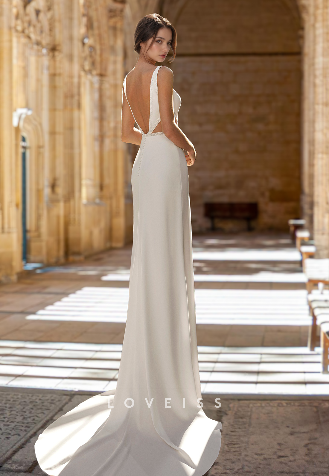 V-Neck Sleeveless Sleek Satin Backless Mermaid Simple Wedding Dress