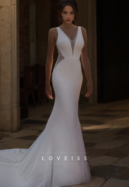 V-Neck Sleeveless Sleek Satin Beaded Mermaid Wedding Dress