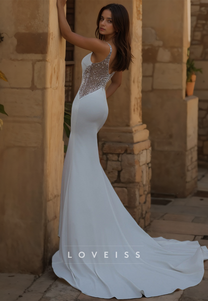 V-Neck Sleeveless Sleek Satin Beaded Mermaid Wedding Dress