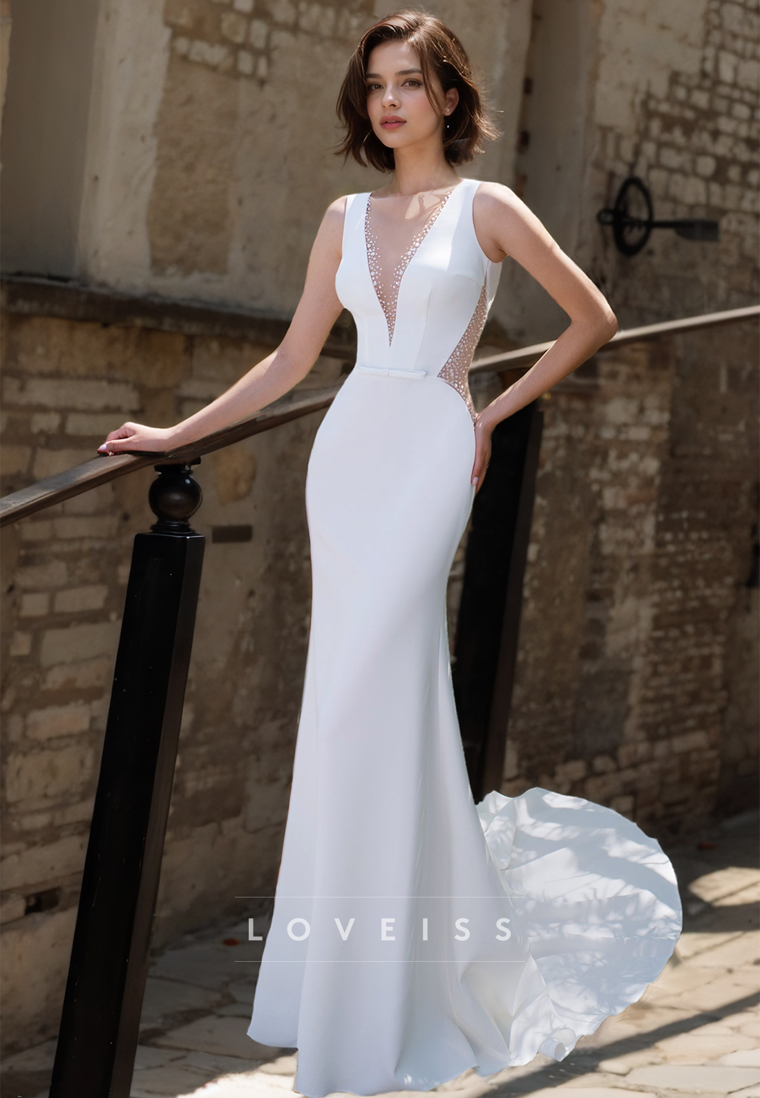 V-Neck Sleeveless Sleek Satin Mermaid Beach Wedding Dress Loveiss V-Neck Sleeveless Sleek Satin Mermaid Beach Wedding Dress Loveiss