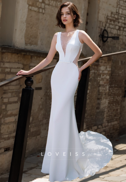 V-Neck Sleeveless Sleek Satin Mermaid Beach Wedding Dress