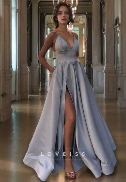 V-Neck Sleeveless Sleek Satin Pleated A-Line Prom Dress