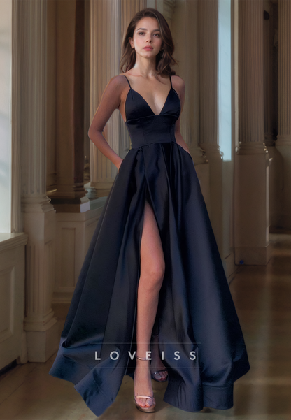 V-Neck Sleeveless Sleek Satin Pleated A-Line Prom Dress