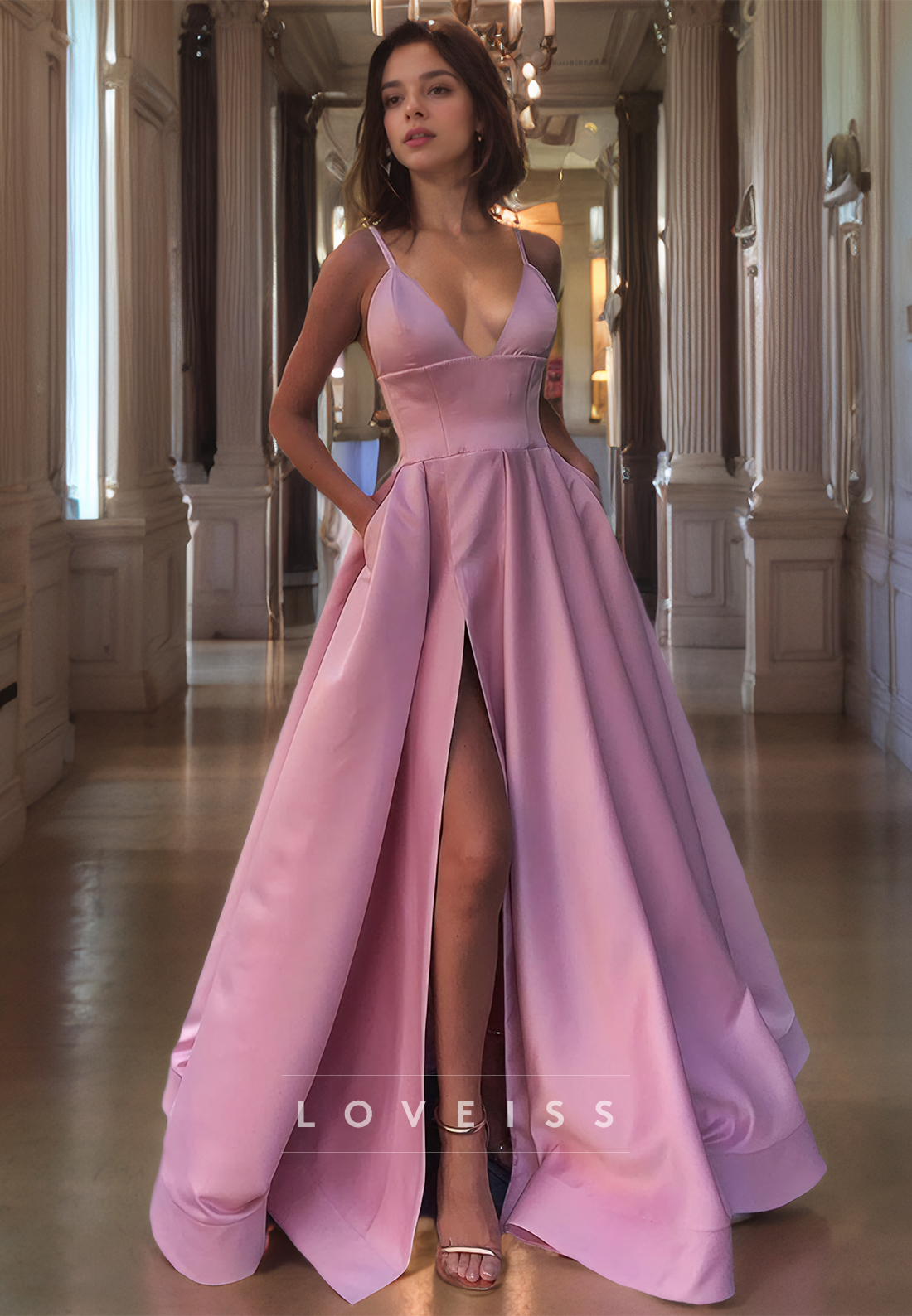 V-Neck Sleeveless Sleek Satin Pleated A-Line Prom Dress