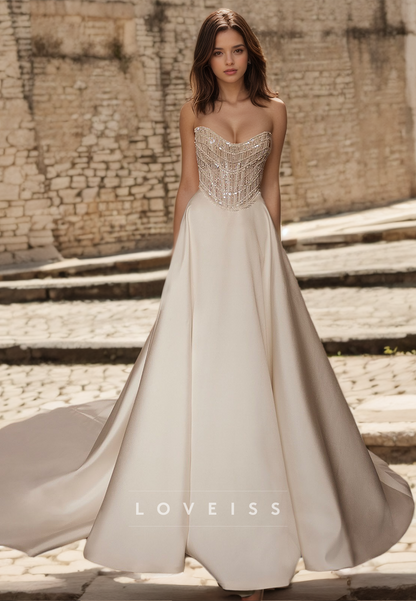 V-Neck Sleeveless Sparkle Sleek Satin A-Line Wedding Dress