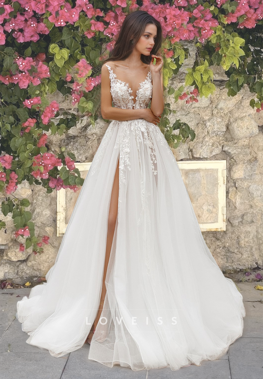 V-Neck Sleeveless Straps Appliques Tulle A-Line Wedding Dress