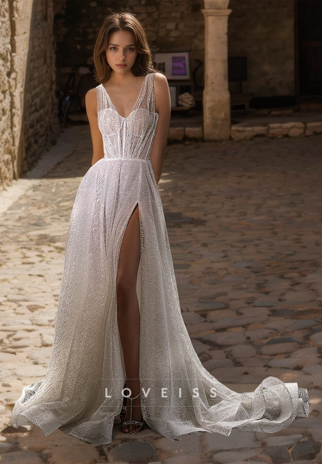 V-Neck Sleeveless Tulle High Slit Sparkly A-Line Wedding Dress