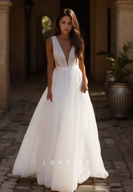 V-Neck Sleeveless Tulle Pleated A-Line Beach Wedding Dress