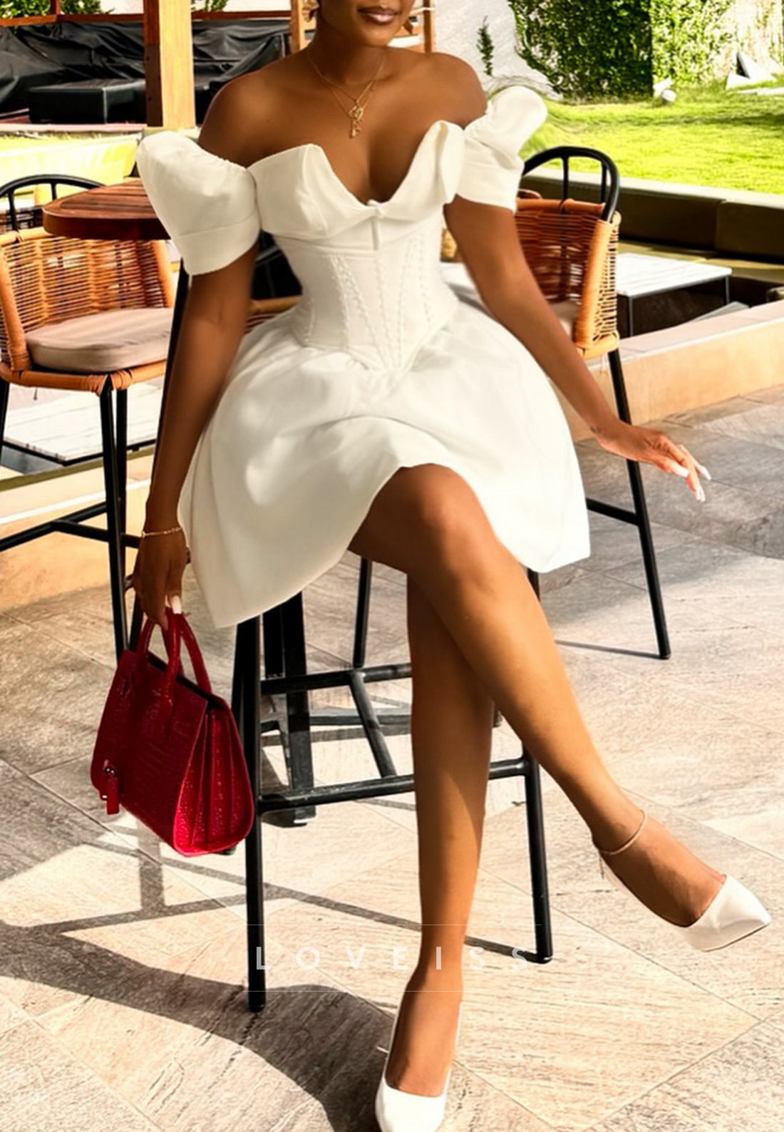 V-Neck Sleeves Corset A-Line Short Wedding Dress