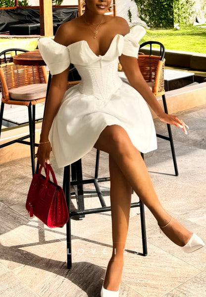 V-Neck Sleeves Corset A-Line Short Wedding Dress