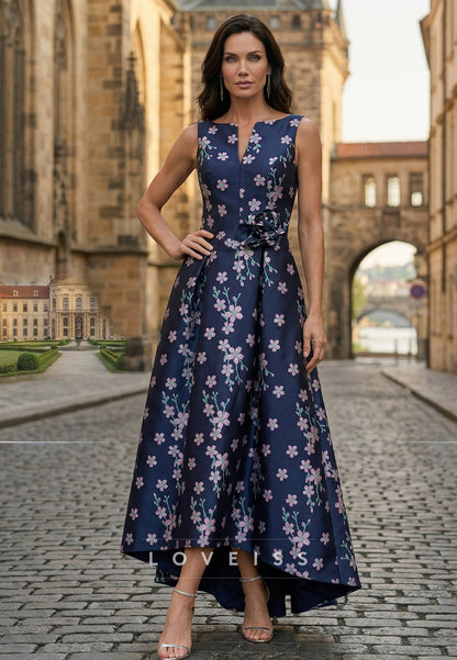 V-Neck Sleeves Floral Printed A-Line Mother of Bride Dress