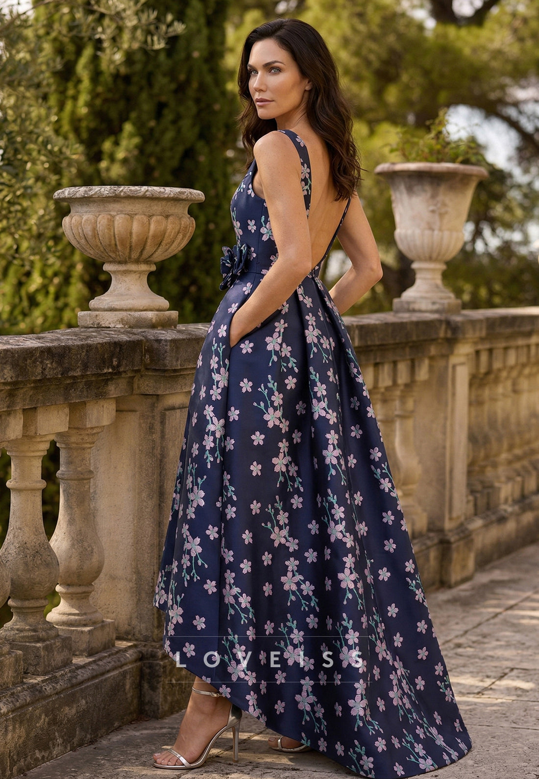 V-Neck Sleeves Floral Printed A-Line Mother of Bride Dress