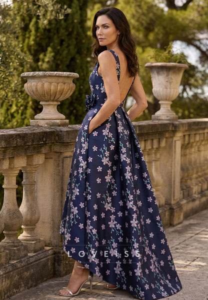 V-Neck Sleeves Floral Printed A-Line Mother of Bride Dress