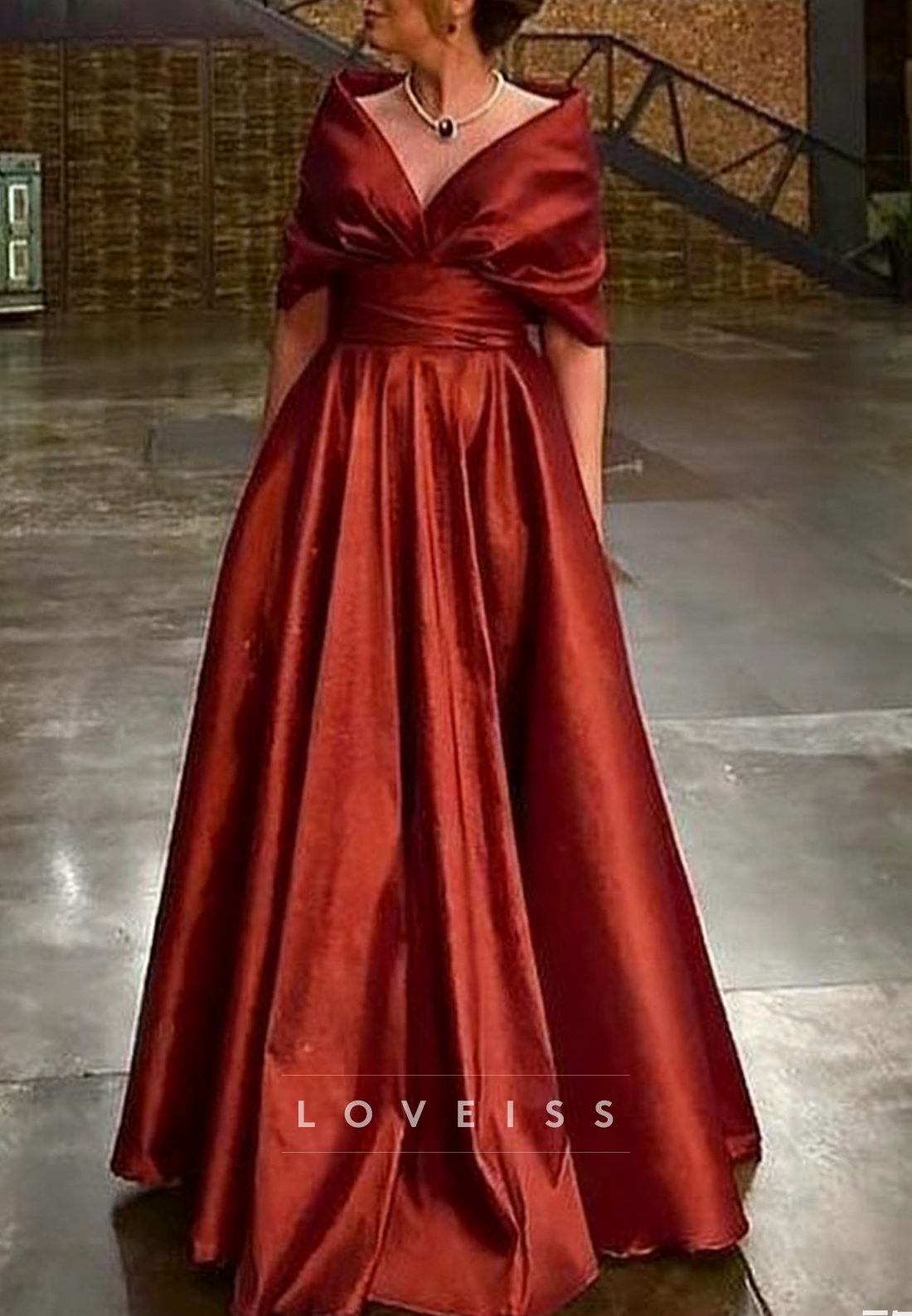 V-Neck Sleeves Pleated Satin A-Line Wedding Dress