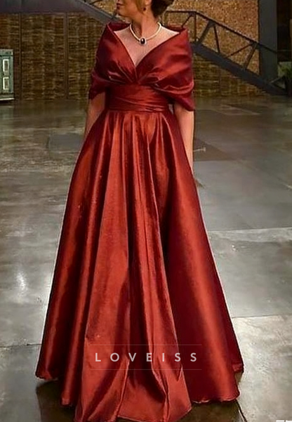 V-Neck Sleeves Pleated Satin A-Line Wedding Dress