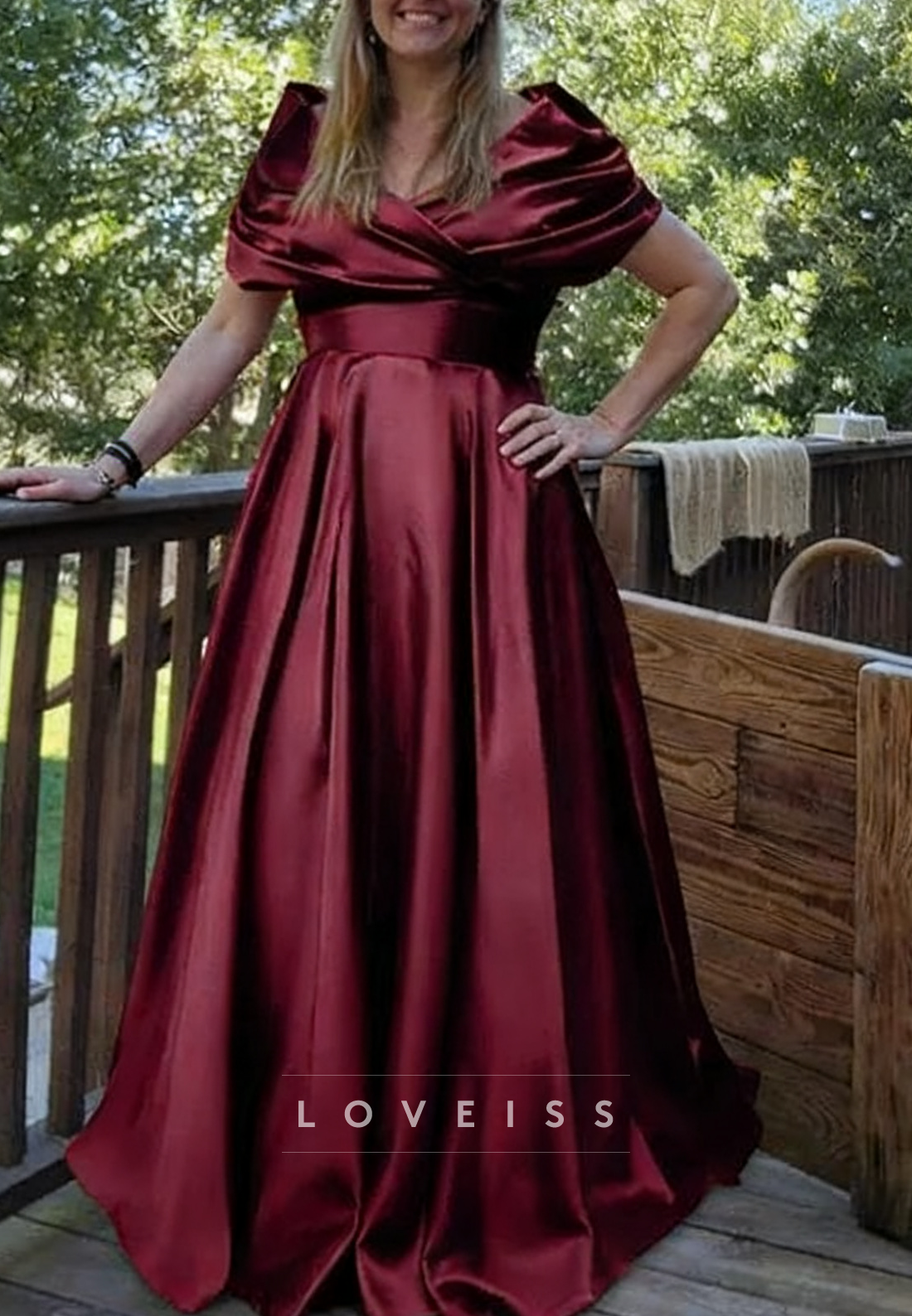 V-Neck Sleeves Pleated Satin A-Line Wedding Dress