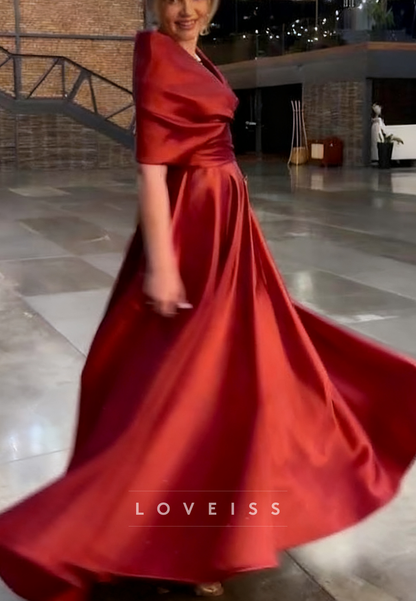 V-Neck Sleeves Pleated Satin A-Line Wedding Dress