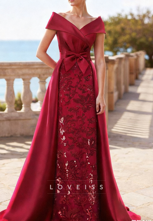 V-Neck Sleeves Sequins Appliques Sheath Mother of Bride Dress