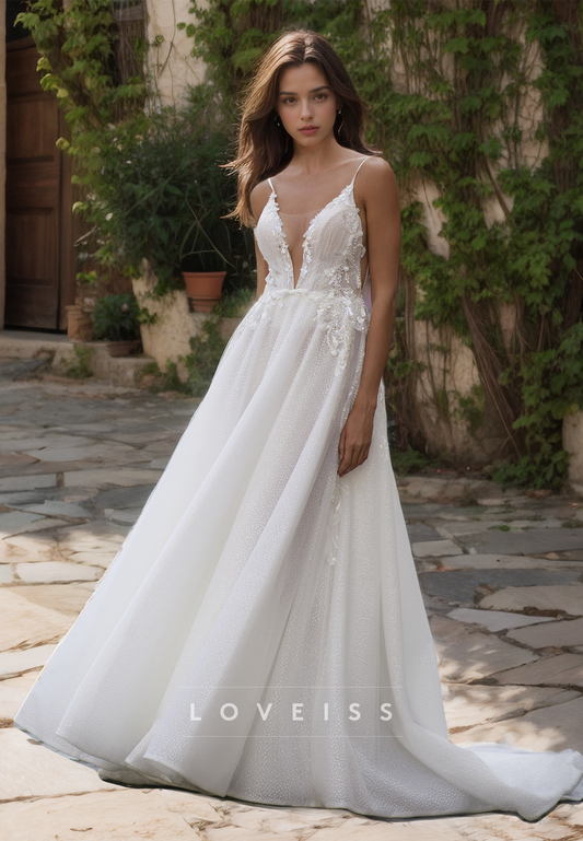 V-Neck Spaghetti Sraps Appliques Pleated A-Line Wedding Dress