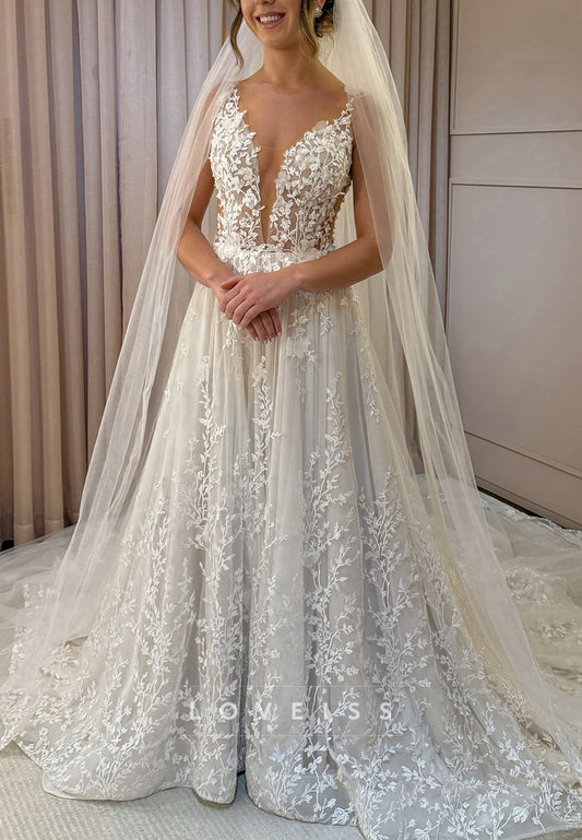 V-Neck Spaghetti Straps Appliques A-Line Bridal Gown