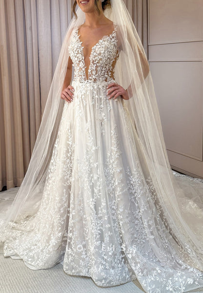 V-Neck Spaghetti Straps Appliques A-Line Bridal Gown
