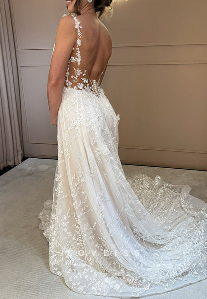 V-Neck Spaghetti Straps Appliques A-Line Bridal Gown