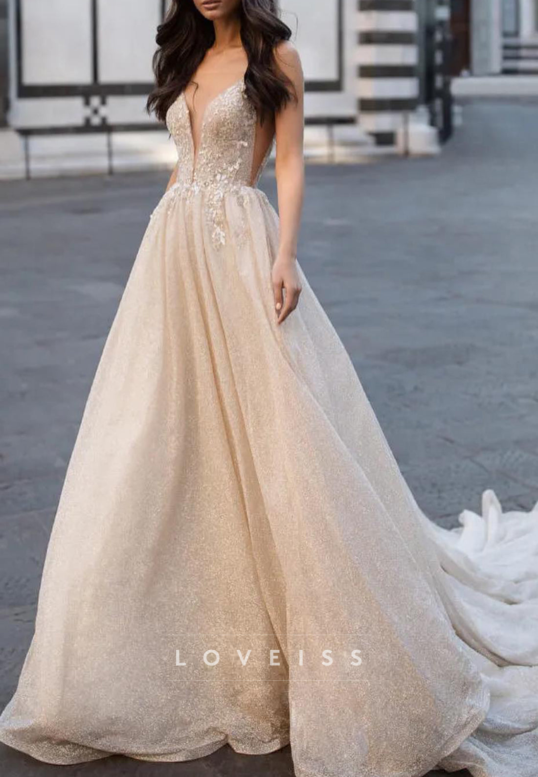V-Neck Spaghetti Straps Appliques A-Line Wedding Dress
