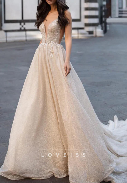 V-Neck Spaghetti Straps Appliques A-Line Wedding Dress