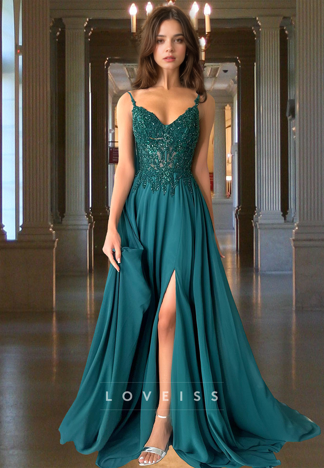 V-Neck Spaghetti Straps Appliques Beaded Pleated A-Line Prom Dress