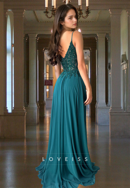 V-Neck Spaghetti Straps Appliques Beaded Pleated A-Line Prom Dress