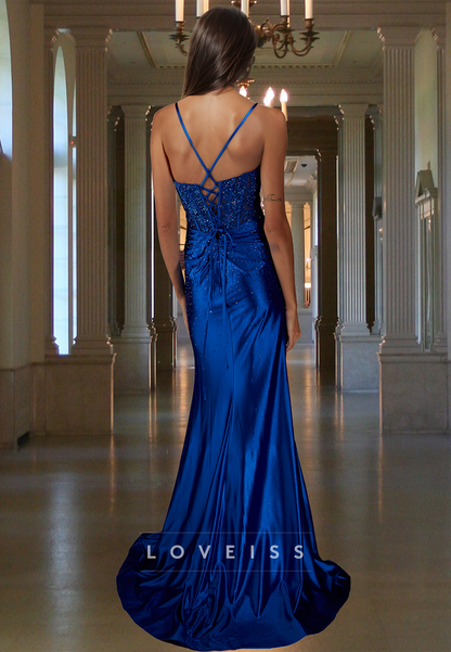 V-Neck Spaghetti Straps Appliques Beaded Pleated Sheath Prom Dress