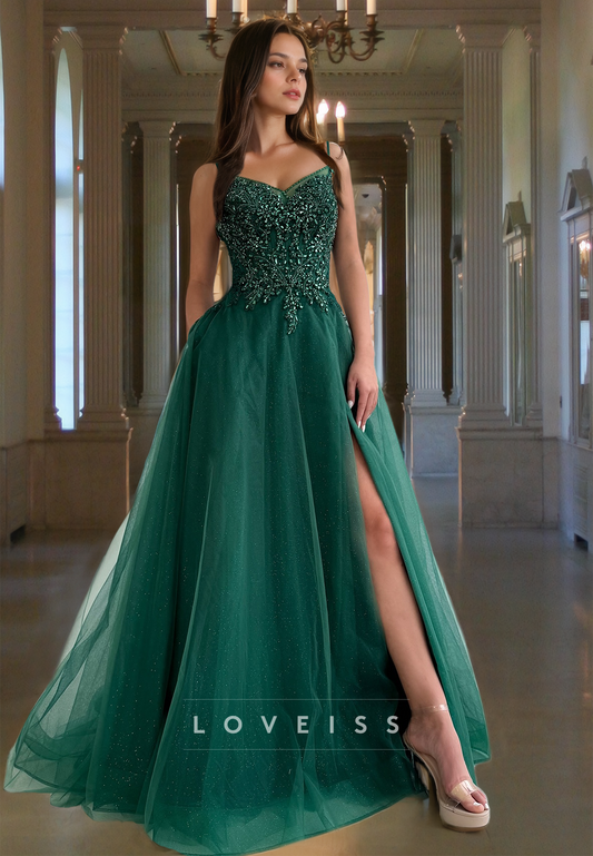 V-Neck Spaghetti Straps Appliques Beaded Side Slit A-Line Prom Dress