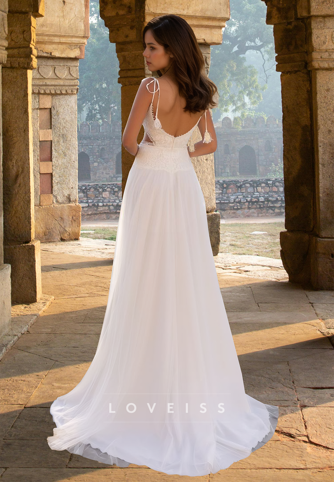V-Neck Spaghetti Straps Appliques Chiffon A-Line Beach Wedding Dress Loveiss V-Neck Spaghetti Straps Appliques Chiffon A-Line Beach Wedding Dress Loveiss