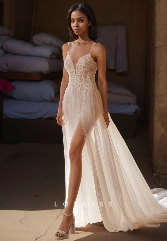 V-Neck Spaghetti Straps Appliques High Slit Boho Wedding Dress