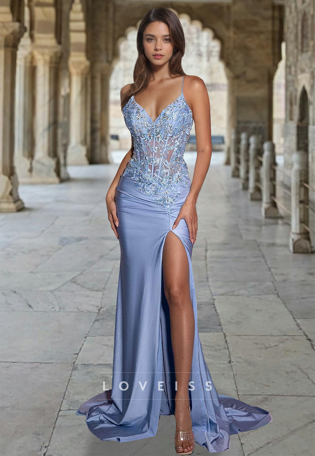 V-Neck Spaghetti Straps Appliques High Slit Sheath Prom Dress