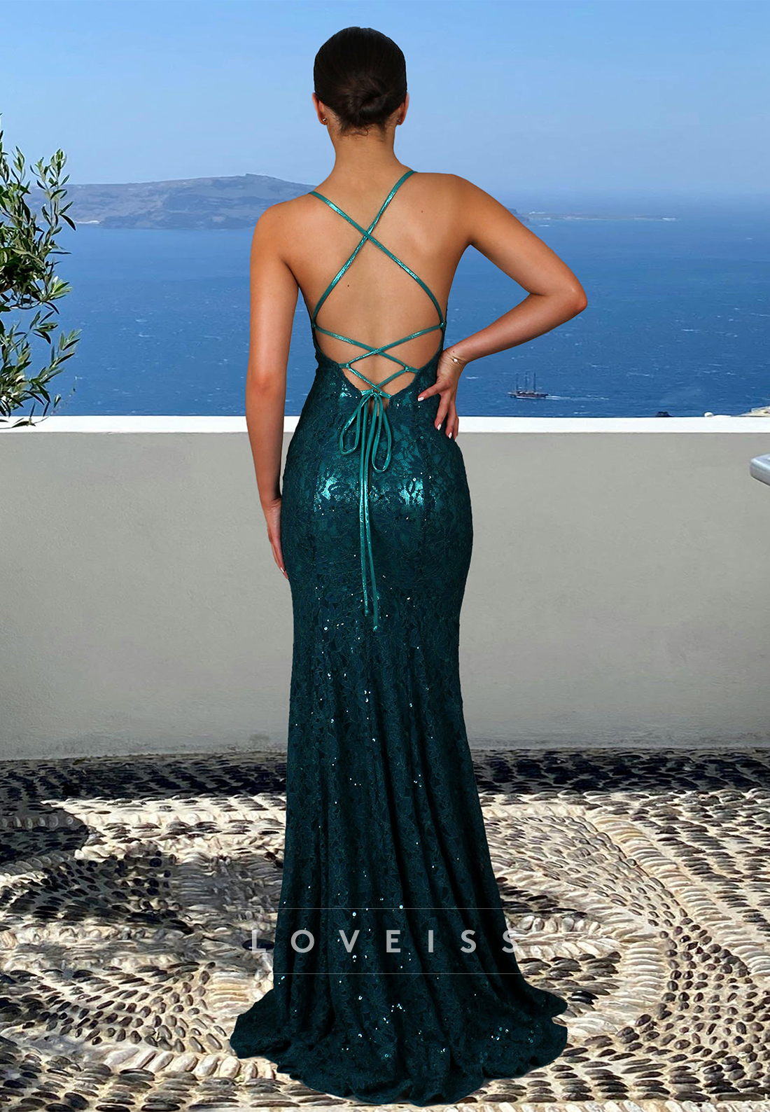 V-Neck Spaghetti Straps Appliques Lace-Up Mermaid Sparkly Prom Dress