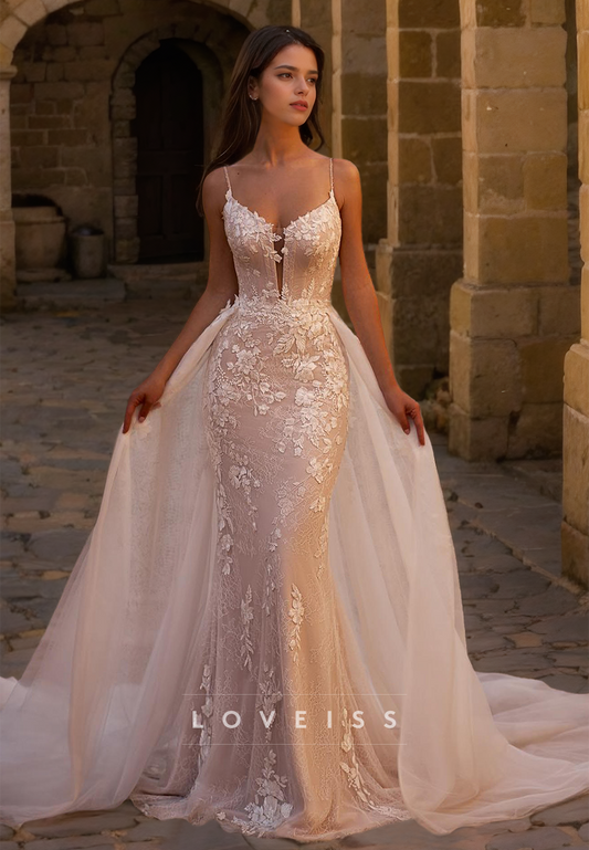 V-Neck Spaghetti Straps Appliques Mermaid Elegant Wedding Dress