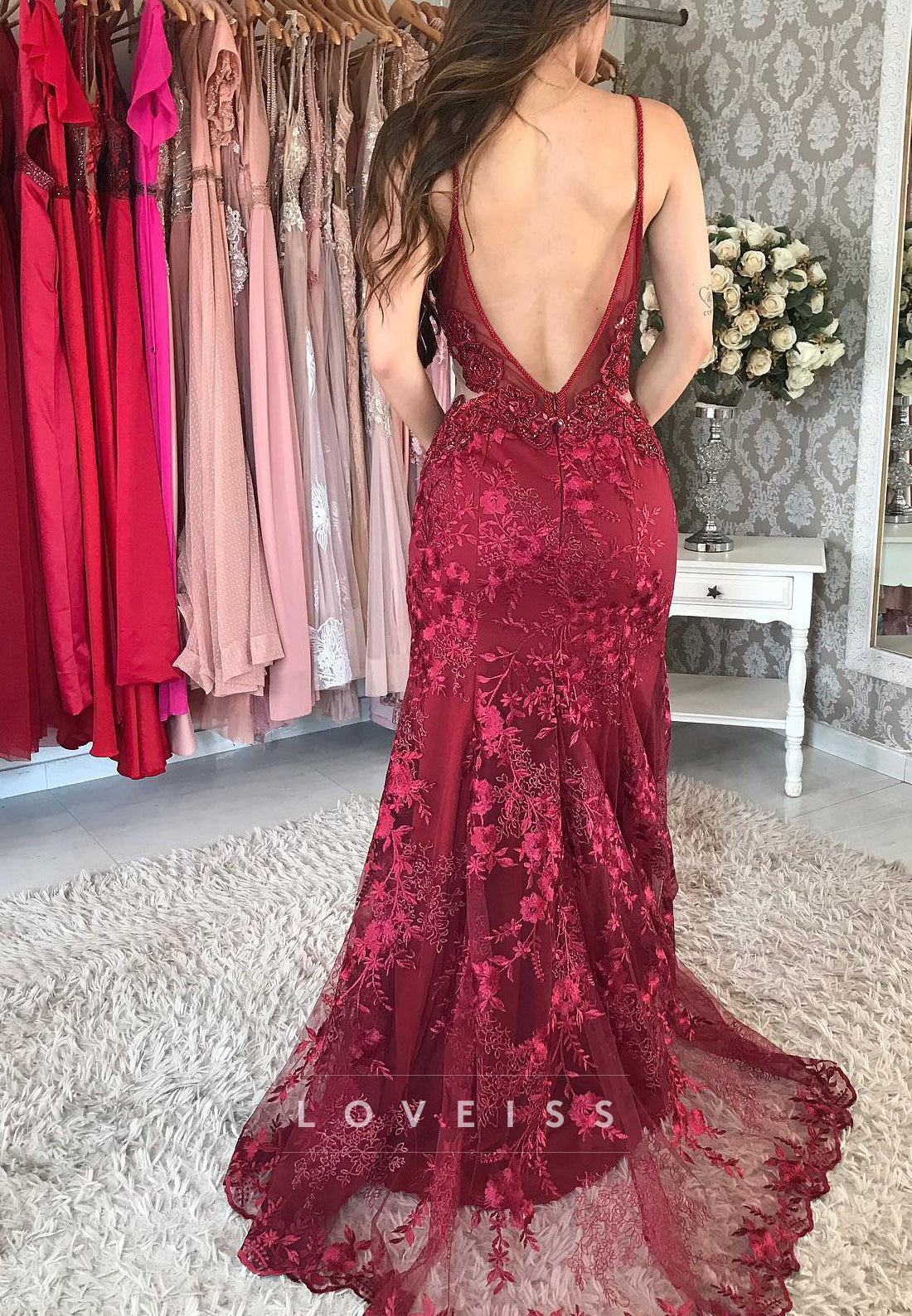 V-Neck Spaghetti Straps Appliques Mermaid Prom Dress