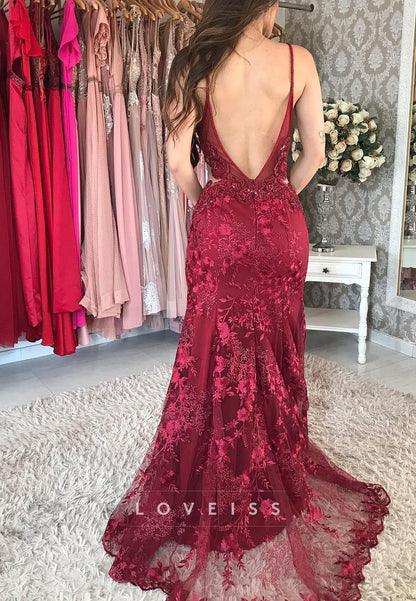 V-Neck Spaghetti Straps Appliques Mermaid Prom Dress