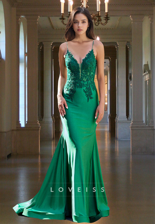 V-Neck Spaghetti Straps Appliques Mermaid Prom Dress