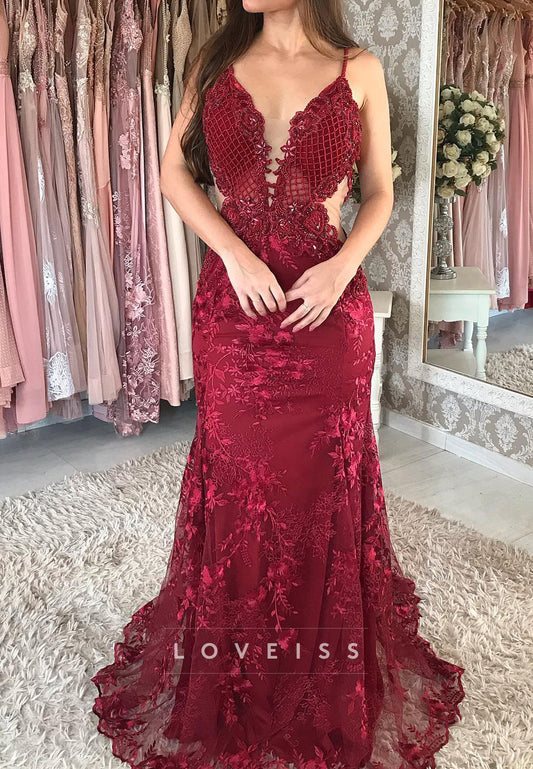 V-Neck Spaghetti Straps Appliques Mermaid Prom Dress