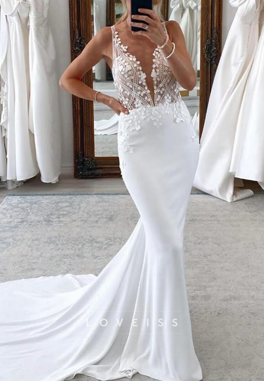 V-Neck Spaghetti Straps Appliques Mermaid Wedding Dress