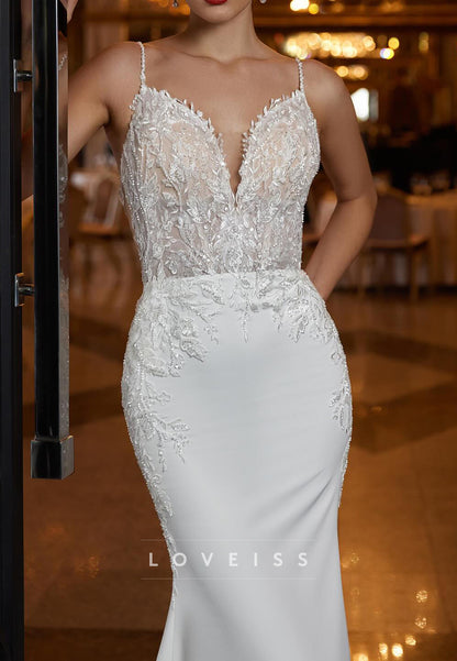 V-Neck Spaghetti Straps Appliques Mermaid Wedding Dress