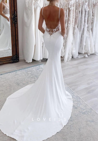 V-Neck Spaghetti Straps Appliques Mermaid Wedding Dress