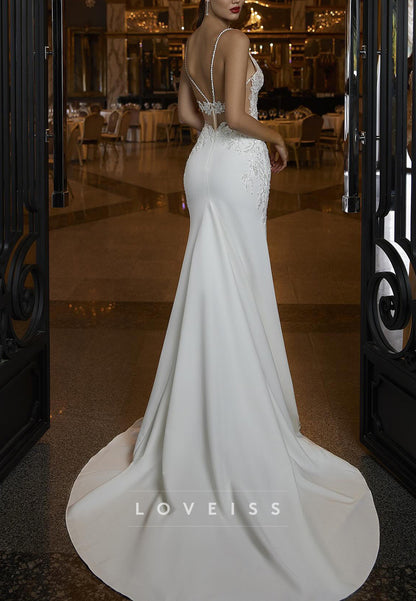 V-Neck Spaghetti Straps Appliques Mermaid Wedding Dress