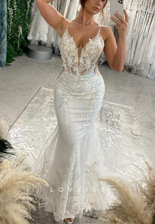 V-Neck Spaghetti Straps Appliques Mermaid Wedding Dress